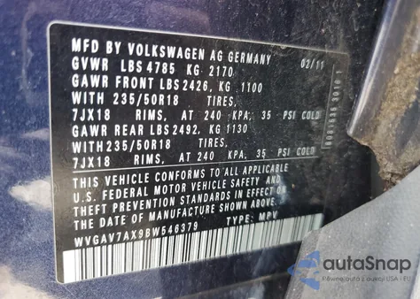 2011 Volkswagen Tiguan Se from USA, damaged, VIN WVGAV7AX9BW546379